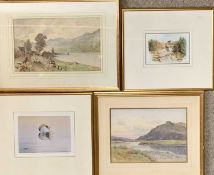 J W CLAYTON watercolour - Crafnant Lake with figure on a track with sheep and boat on the lake,