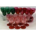VICTORIAN CRANBERRY & OTHER COLOURFUL GLASSWARE to include a set of 7 Cranberry wine glasses with
