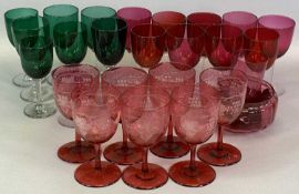 VICTORIAN CRANBERRY & OTHER COLOURFUL GLASSWARE to include a set of 7 Cranberry wine glasses with