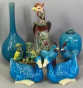 CHINESE TURQUOISE GROUND & OTHER POTTERY BIRDS & ANIMALS – 9 items including a colourful phoenix