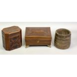 VICTORIAN MAHOGANY JEWELLERY CASKET - inlaid with boxwood stringing and on gilded paw feet, 10cms H,