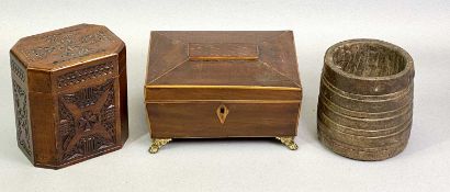 VICTORIAN MAHOGANY JEWELLERY CASKET - inlaid with boxwood stringing and on gilded paw feet, 10cms H,