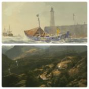 ALAN STARK watercolour - fishing boats by lighthouse, signed lower left, 15.5 x 22cms and DAVID