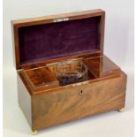 MAHOGANY DOUBLE TEA CADDY - late 19th century, of rectangular form, on gilded ball feet, the