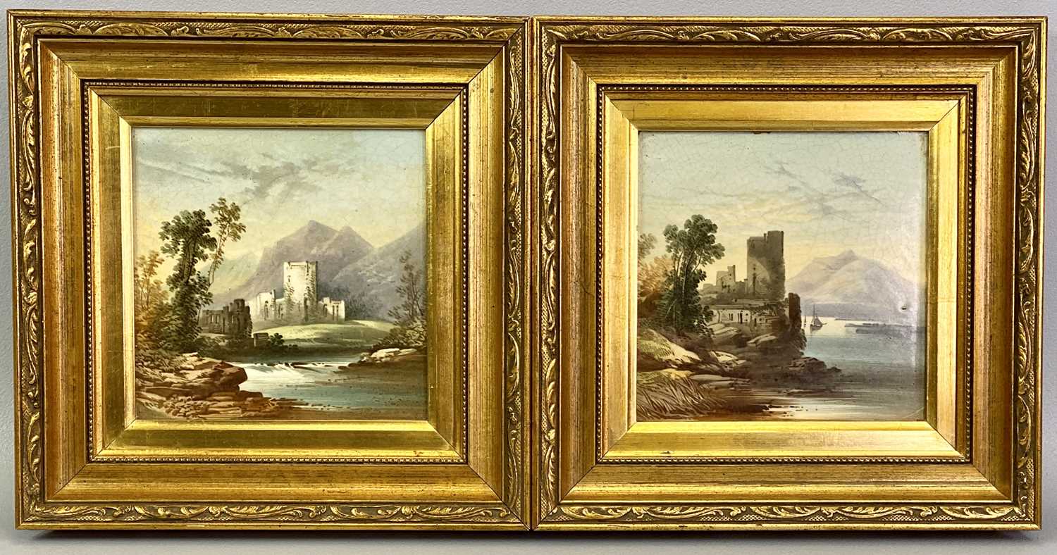 POSSIBLY DAVENPORT TILES, A PAIR - painted by Daniel Lucas, 'Lakeside castle ruins', in gilded