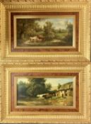 J FROHMAN continental oils on board, a pair, cattle watering, signed lower right, 19.5 x 40cms