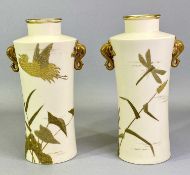 ROYAL WORCESTER IVORY VASES, A PAIR - early 20th century, of cylindrical waisted form, gilded