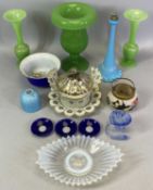 VICTORIAN & LATER COLOURFUL GLASSWARE GROUP - to include an overlay glass sugar basin on stand