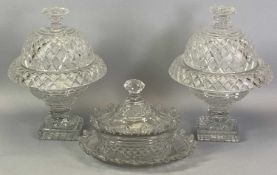 VICTORIAN CUT GLAS BON BON JARS & COVERS, A PAIR and a Regency period cut glass butter dish and
