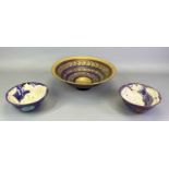 MARY RICH (BORN 1940) PORCELAIN FOOTED BOWL - glazed in gold, purple and blue bands with geometric
