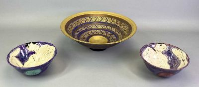 MARY RICH (BORN 1940) PORCELAIN FOOTED BOWL - glazed in gold, purple and blue bands with geometric