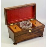 MAHOGANY DOUBLE TEA CADDY - late 19th century, of sarcophagus form on bun feet, hinged cover