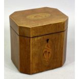 GEORGE III MAHOGANY TEA CADDY - of cube form with canted corners, the hinged cover and front