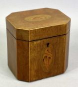 GEORGE III MAHOGANY TEA CADDY - of cube form with canted corners, the hinged cover and front