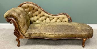 VICTORIAN MAHOGANY CHAISE LONGUE - button back leather upholstery having studded nail edging, the