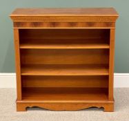 MODERN YEW WOOD OPEN BOOKCASE - with dentil cornice and reeded front decorations, on corner