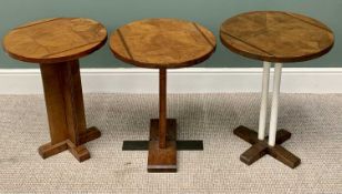 PUB TABLES (3) - circular marquetry tops and timber supports, 55cms H, 49cms diameter the largest
