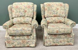 G-PLAN UPHOLSTERED ARMCHAIRS - a pair, modern floral upholstery, semi-wingback with foldover arms,