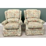 G-PLAN UPHOLSTERED ARMCHAIRS - a pair, modern floral upholstery, semi-wingback with foldover arms,