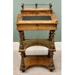 VICTORIAN FIGURED WALNUT DESKTOP TWO TIER STAND - the galleried top opening to reveal a fitted