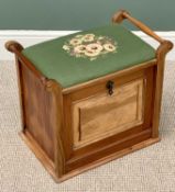 VINTAGE STRIPPED & WAXED FALL FRONT BOX SEAT STOOL - with green and floral tapestry top seat and