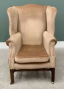 ANTIQUE MAHOGANY WINGBACK ARMCHAIR - re-upholstered in modern neutral fabric, the front supports