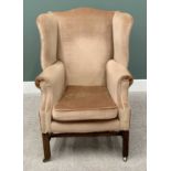 ANTIQUE MAHOGANY WINGBACK ARMCHAIR - re-upholstered in modern neutral fabric, the front supports