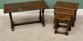 VINTAGE OAK PRIORY STYLE COFFEE TABLE - having turned and block supports, 47cms H, 92cms L, 46cms