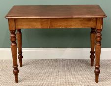 VICTORIAN PITCH PINE SIDE TABLE - rectangular moulded edge top, on turned tapering supports, 80cms