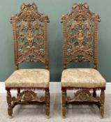GOOD PAIR OF CARVED CAROLEAN TYPE HALL CHAIRS - late 19th/early20th Century, high back with detail