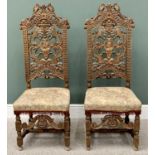 GOOD PAIR OF CARVED CAROLEAN TYPE HALL CHAIRS - late 19th/early20th Century, high back with detail