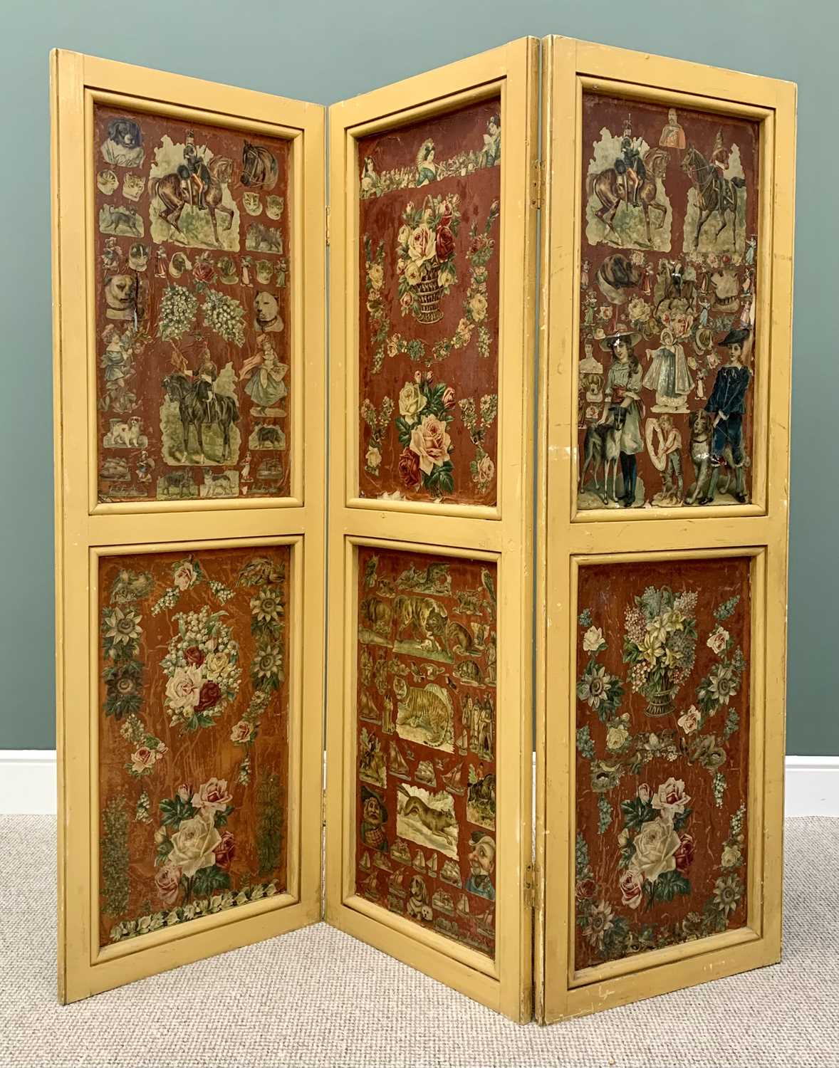 CIRCA 1900 THREE FOLD SCRAP DECORATED DRESSING SCREEN - 168cms H, 168cms W approximately (fully