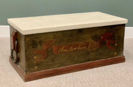 ANTIQUE PAINTED & STAINED PINE CAPTAIN'S CHEST - with rope carry handles, painted ribbon detail to