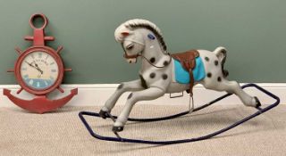 MID CENTURY MOULDED PLASTIC ROCKING HORSE - 80cms H, 130cms W, 43cms D & A TIN SHIP'S WHEEL WITH