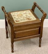 EDWARDIAN BOX SEAT COMMODE - twin handled on turned supports with interior pottery pan and cover,