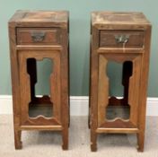VINTAGE CHINESE HARDWOOD URN STANDS - each having a single frieze drawer, open panels to three