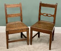 ANTIQUE OAK FARMHOUSE CHAIRS (2) - both peg-joined construction with solid seats, one with pierced