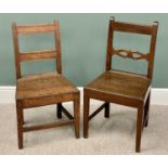 ANTIQUE OAK FARMHOUSE CHAIRS (2) - both peg-joined construction with solid seats, one with pierced