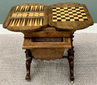 VICTORIAN BURR WALNUT & INLAID GAMES/WORK TABLE - the shaped foldover top opening to reveal inlaid