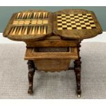 VICTORIAN BURR WALNUT & INLAID GAMES/WORK TABLE - the shaped foldover top opening to reveal inlaid