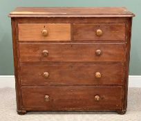 VICTORIAN STAINED PINE CHEST - having two short over three long drawers, with turned wooden knobs,