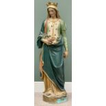 VINTAGE POLYCHROME DECORATED TERRACOTTA FIGURINE - St Elizabeth of Portugal, (Queen of Portugal