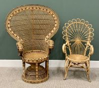 GOOD QUALITY WICKER & CANE WORK PEACOCK BACK ARMCHAIR - with circular seat and base, 147cms H,