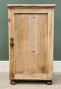 VINTAGE STRIPPED PINE SINGLE DOOR CUPBOARD - with interior shelves, on turned bun feet, 97cms H,