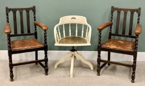 VINTAGE OAK ARMCHAIRS (3) - to include a large pair on barley twist supports, with rexine