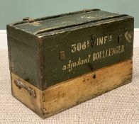 VINTAGE IRON BANDED TWO COMPARTMENT BOX - with leather carry handles, marked to the front "