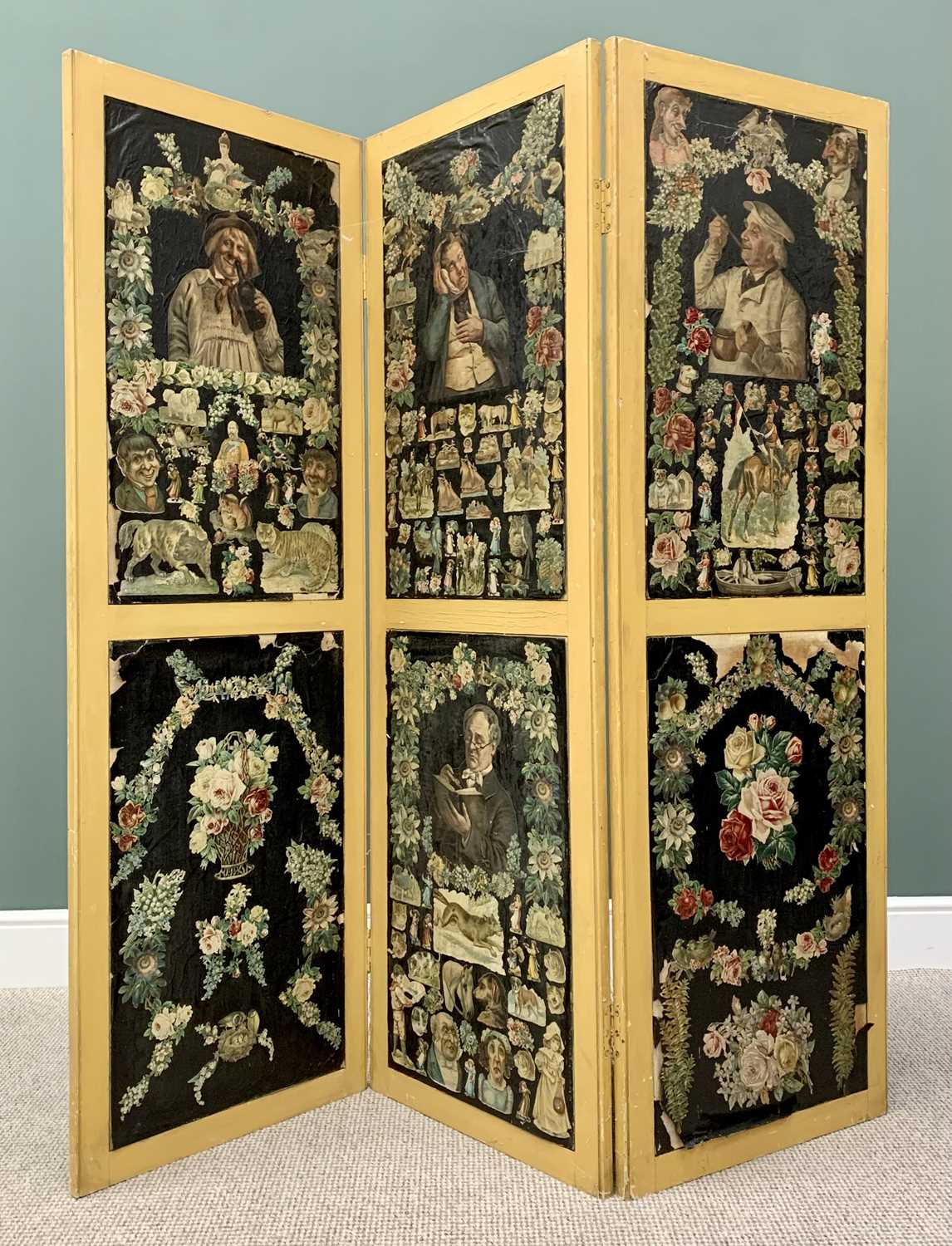 CIRCA 1900 THREE FOLD SCRAP DECORATED DRESSING SCREEN - 168cms H, 168cms W approximately (fully - Image 2 of 2