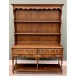 GOOD REPRODUCTION OAK POTBOARD DRESSER - having a shaped front frieze to a shape sided two shelf