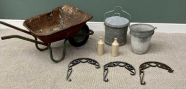 VINTAGE WHEELBARROW & CONTENTS - to include galvanized buckets and a lidded can, wrought iron wall