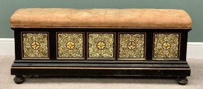 VICTORIAN EBONIZED WINDOW BOX SEAT - having a lift-off button upholstered seat pad, the five panel
